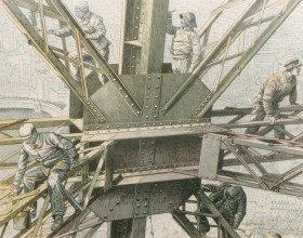 Gravure montrant des peintres sur la tour Eiffel