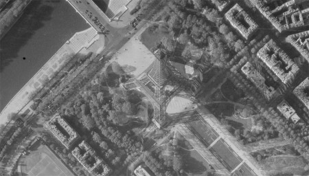 The Eiffel Tower seen from the sky in 1956