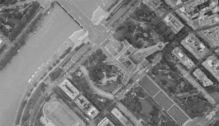 The Eiffel Tower seen from the sky in 1975