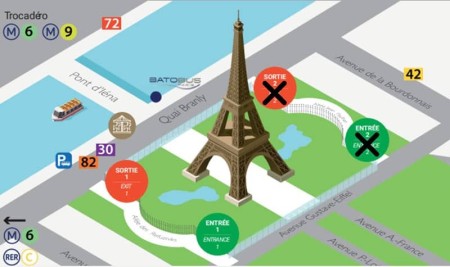 Mapa de acceso Entrada y salida 2 de la Torre Eiffel cerradas