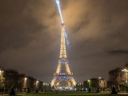 Eiffel Tower illuminated from the Champs de Mars