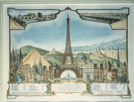 Grabado de la Torre Eiffel y otros edificios altos.
