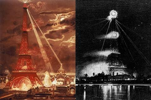 Photo of the illumination of the Eiffel Tower in 1889