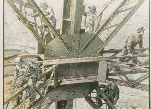 Gravure montrant des peintres sur la tour Eiffel