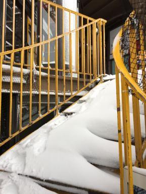 la escaleras de la torre Eiffel cobiertos de nieve