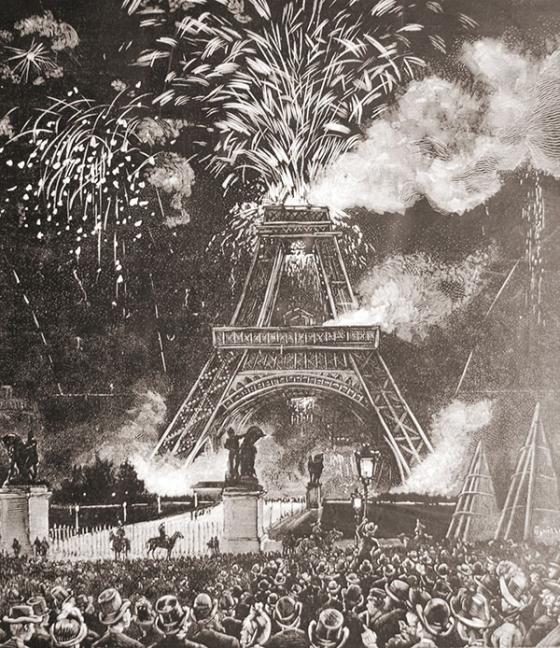 Gravure historique du feu d'artifice de 1887 sur le tour Eiffel en construction